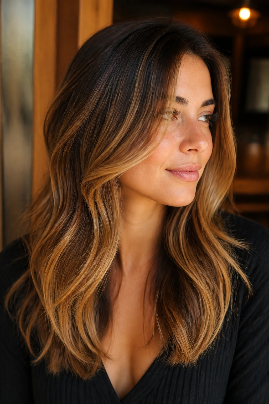 Close-up of a real woman's hair with maple syrup balayage caramel highlights in warm light