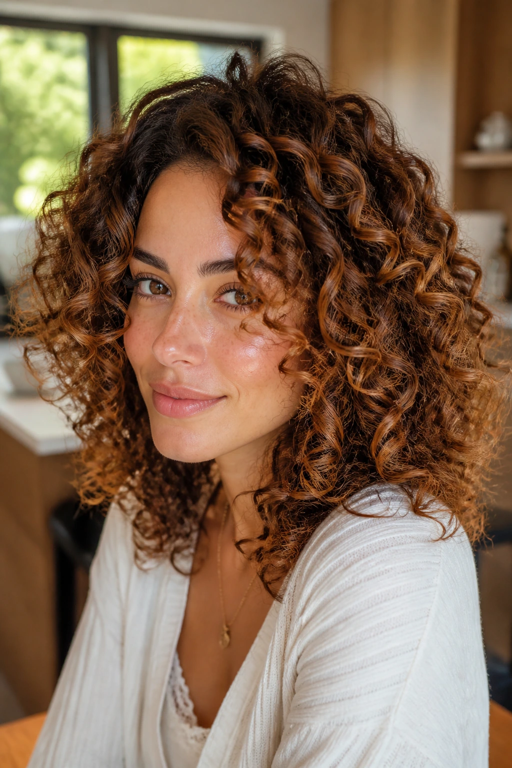 Close-up of maple syrup balayage with amber-brown and golden tones on curls