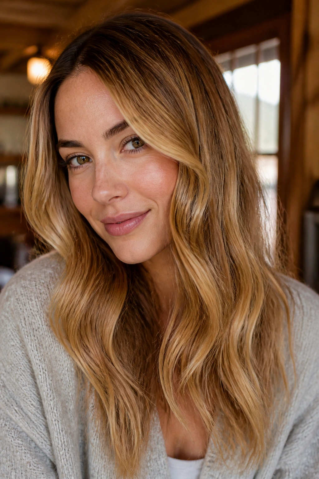 Close-up portrait of maple syrup blonde hair with warm amber highlights