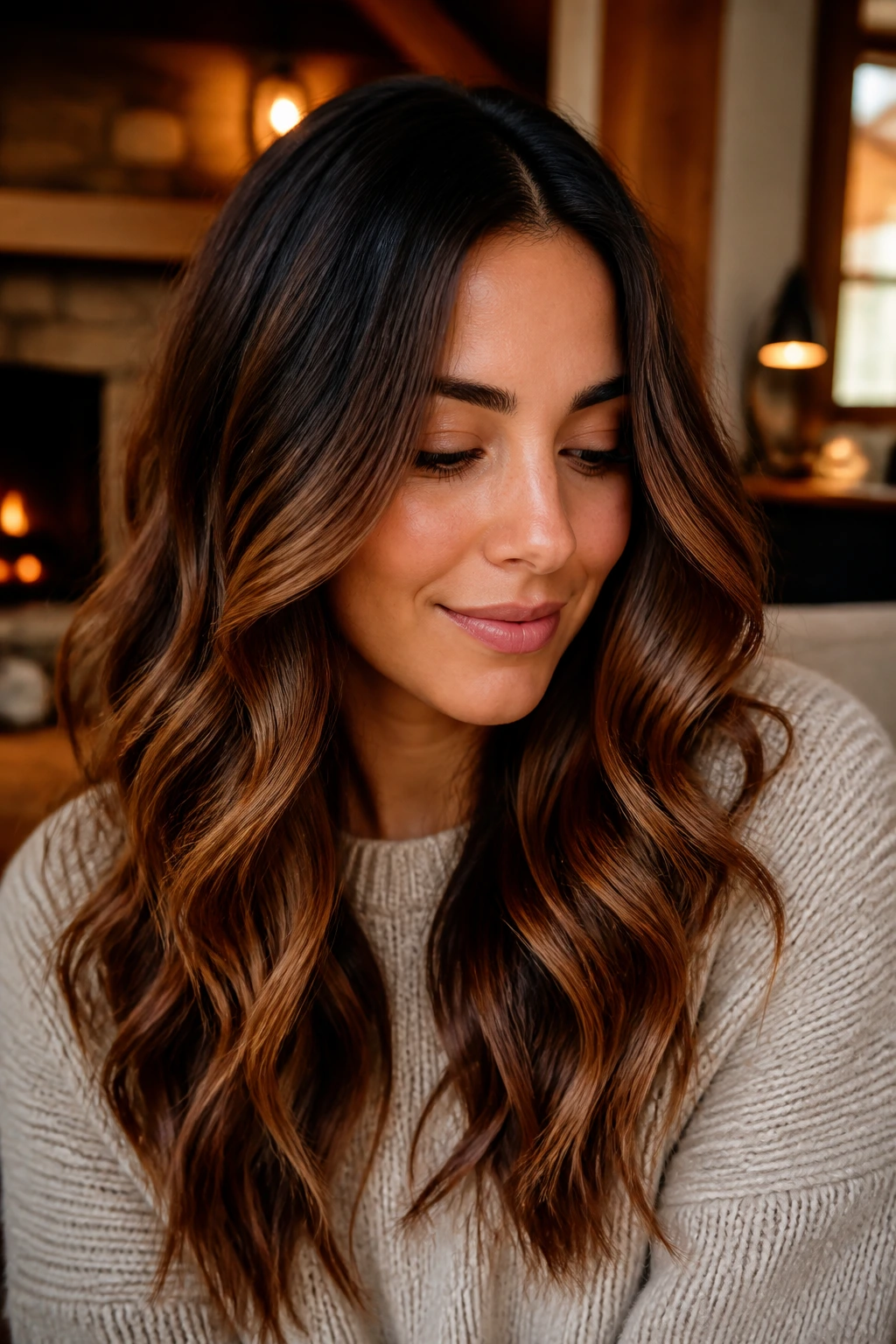 Close-up portrait of a real woman with maple syrup brunette balayage featuring amber ribbons and root melt.