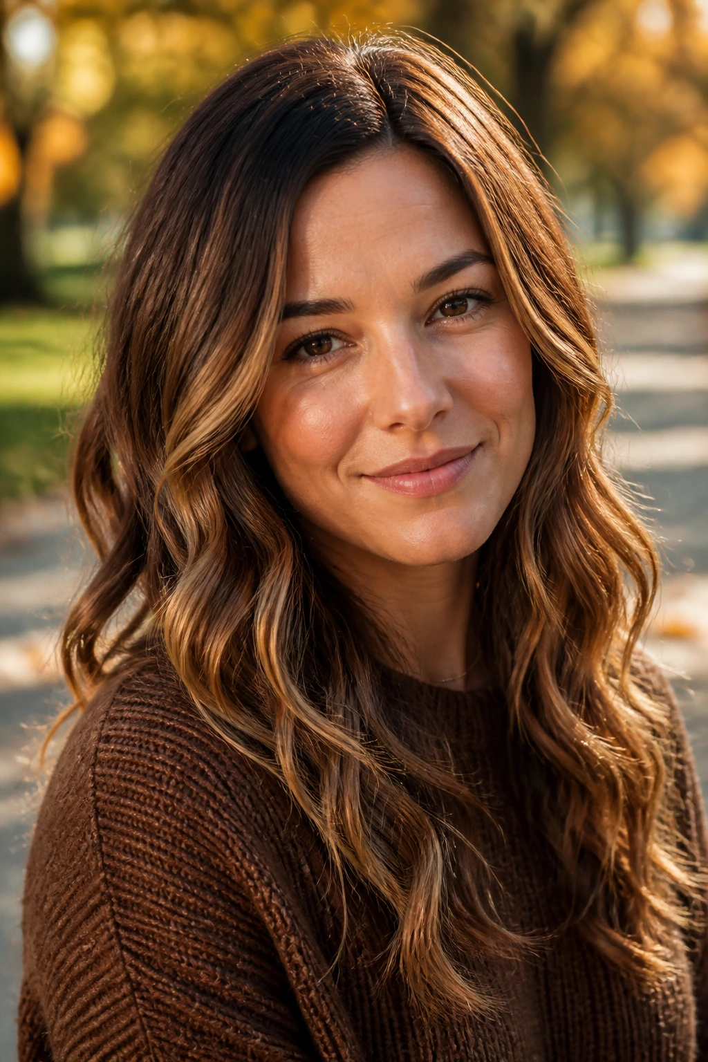 Close-up portrait of a real woman with Maple Syrup Brunette and golden honey highlights in soft waves.