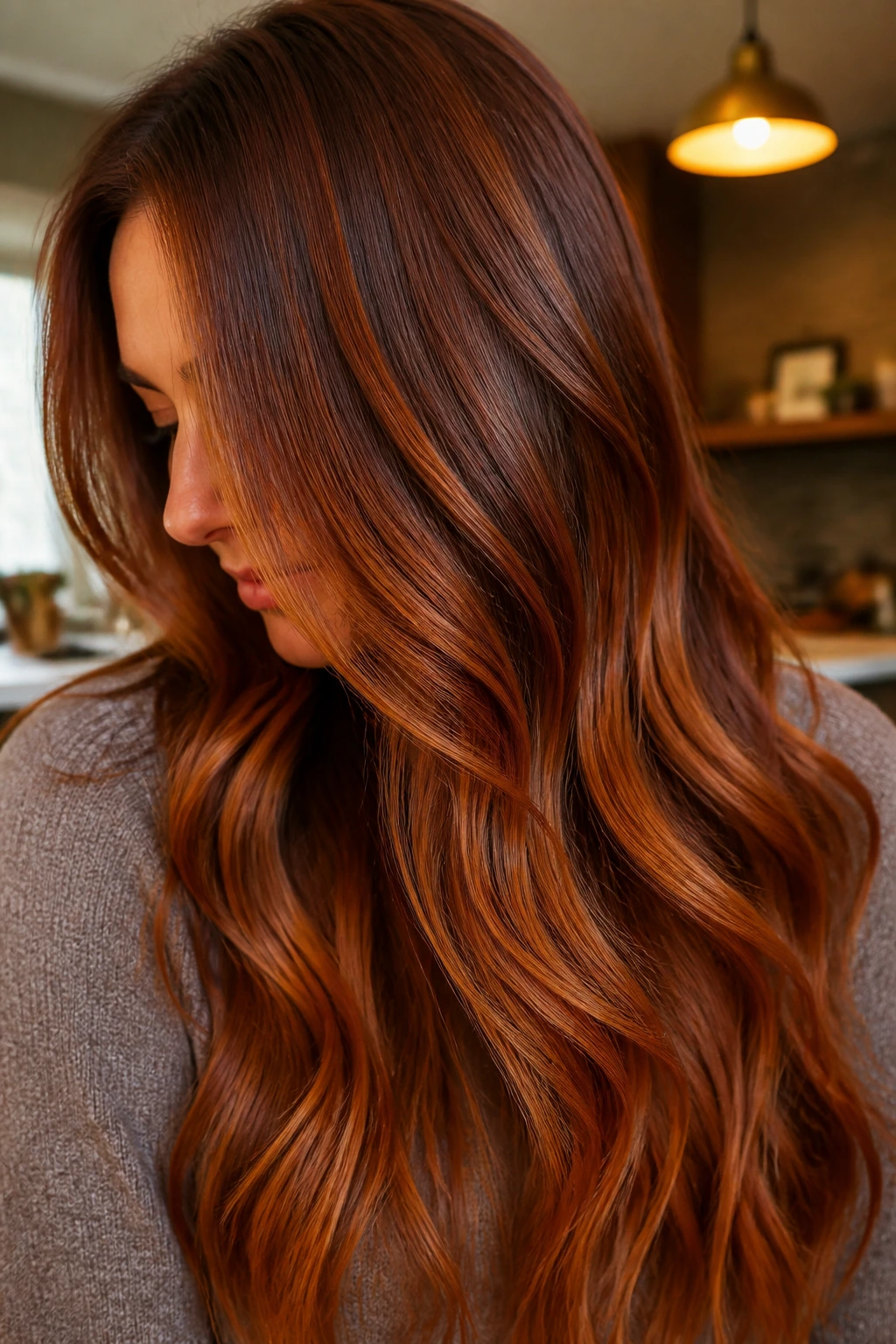 Close-up of maple syrup ginger hair with brown-amber glow