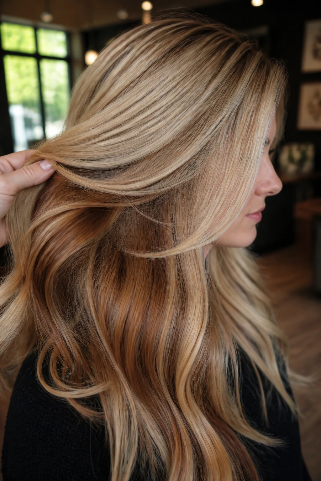 Close-up of thick blonde hair with warm maple syrup lowlights in interior layers