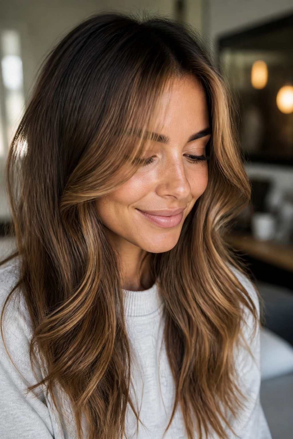 Close-up portrait of a real woman with a soft money piece front sections lighter than rest
