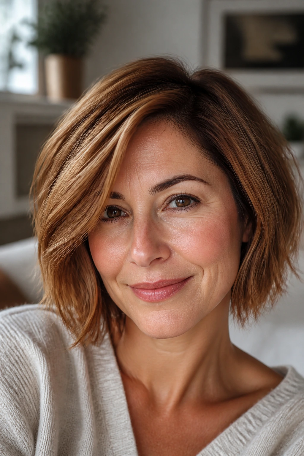 Close-up of a woman with maple tousled bob and side part
