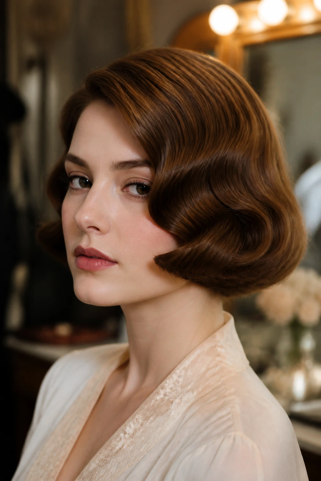 Close-up portrait of a real woman with chin-length Marcel bob.