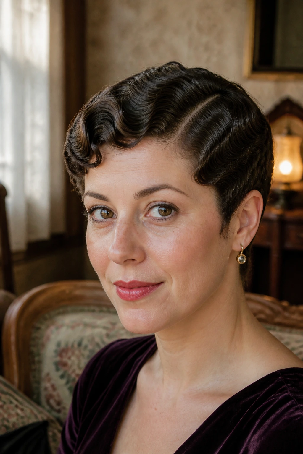 Close-up portrait of a real woman with Marcel-style taper pixie and side part