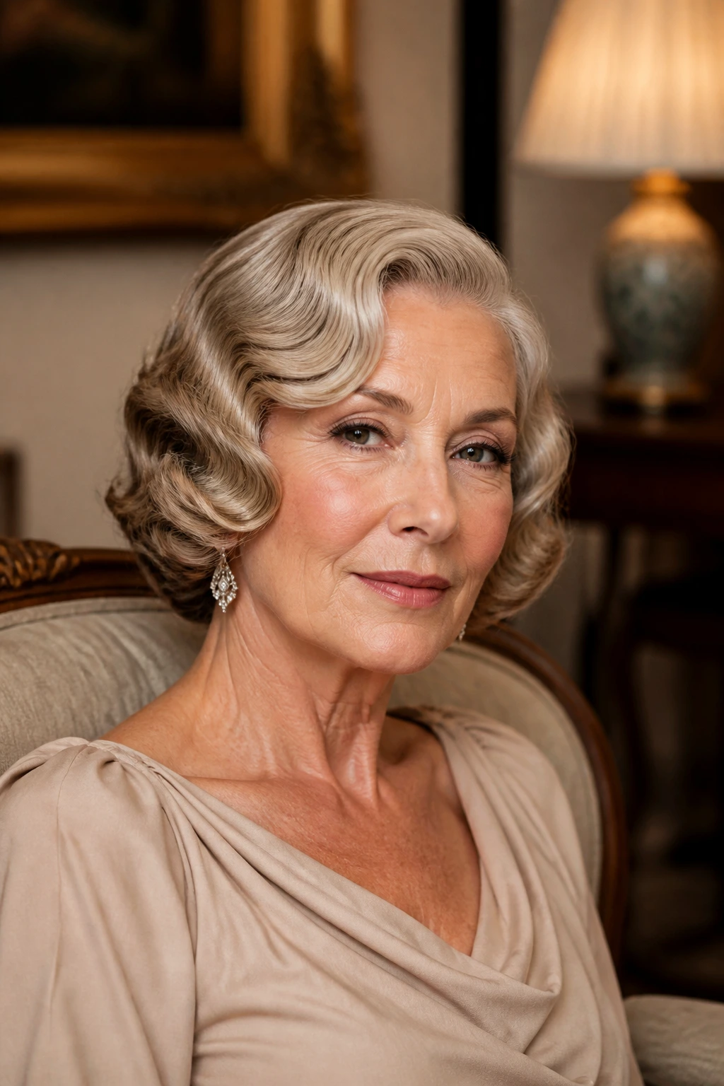 Older woman with Marcel wave bob with glossy, defined waves