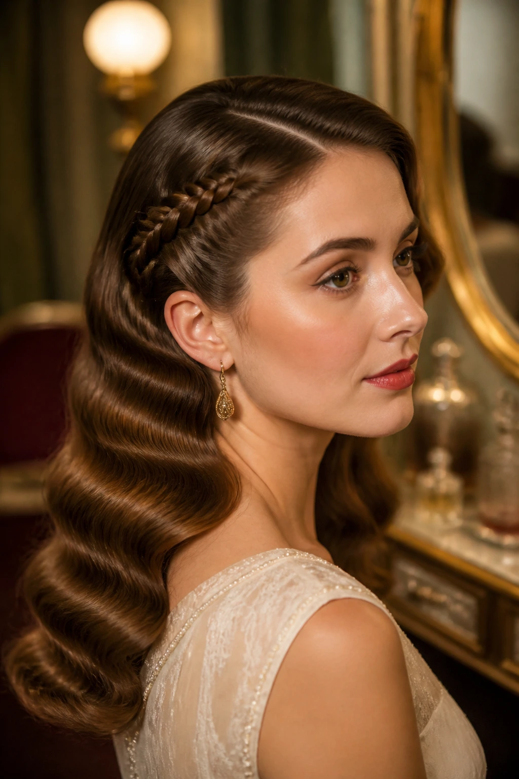 Portrait of a real woman with Marcel-wave waves and a single braided accent.