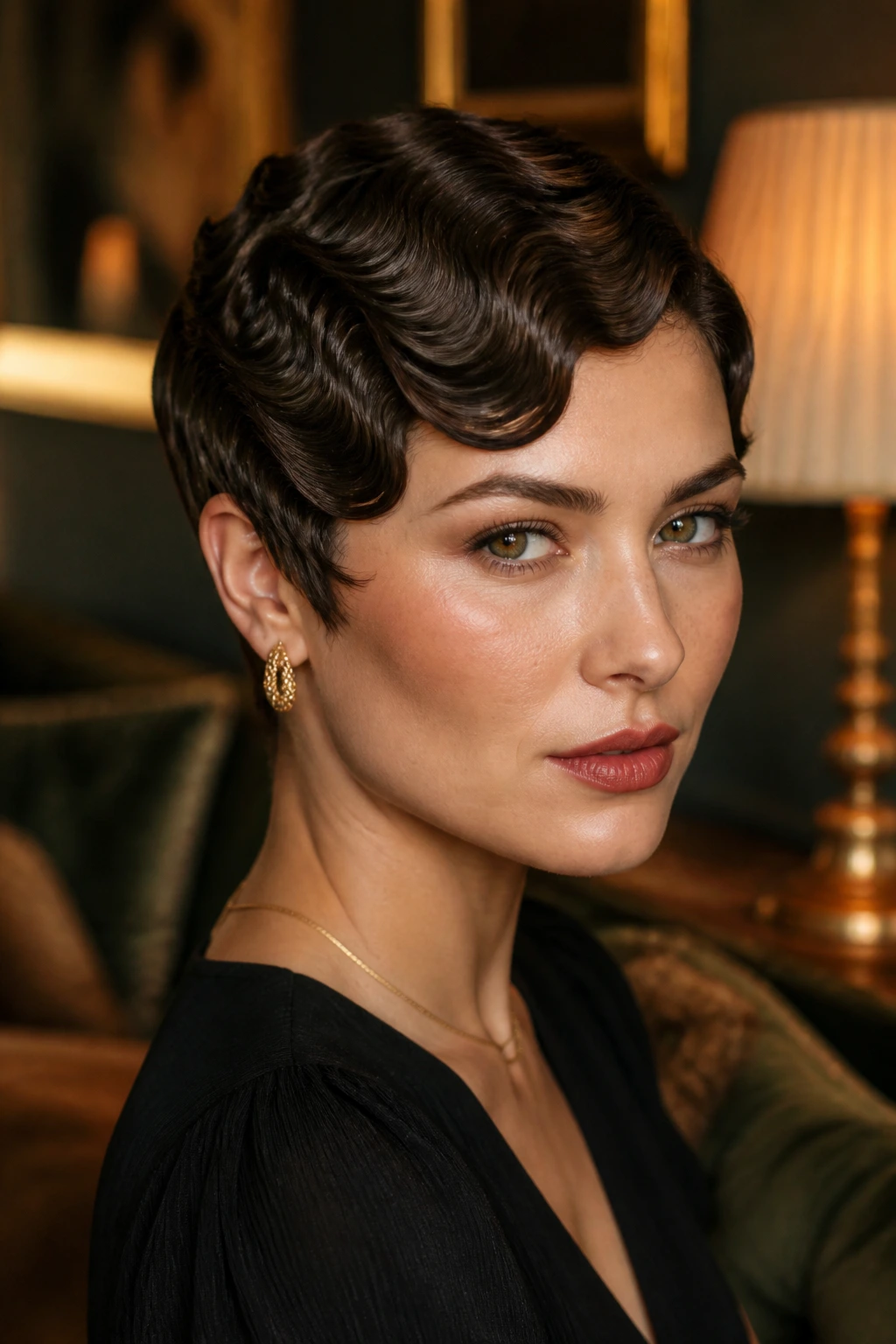 Close-up portrait of a real woman with defined Marcel-wave pixie in a stylish room