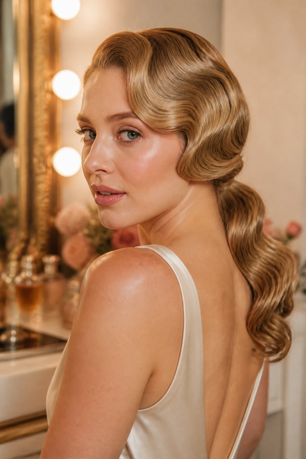 Portrait of a real woman with Marcel wave front and low ponytail