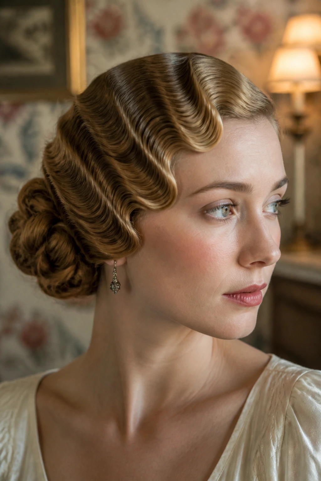 Real woman with Marcel wave updo featuring carved waves