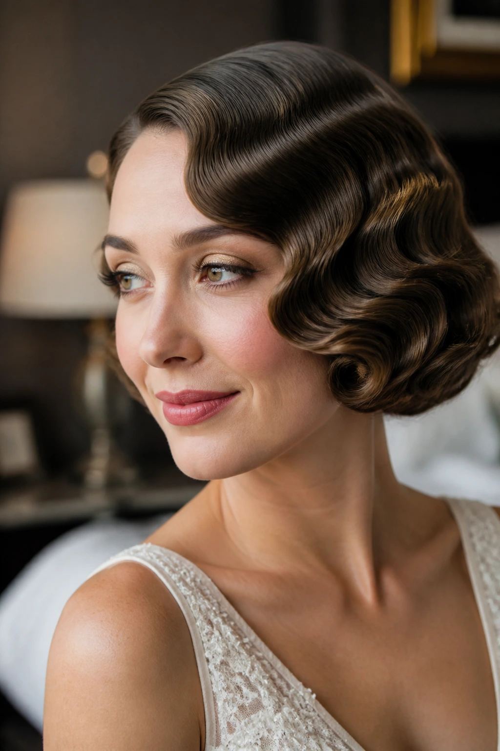 Close-up of a bride with Marcel waves on a chin-length bob, side part.
