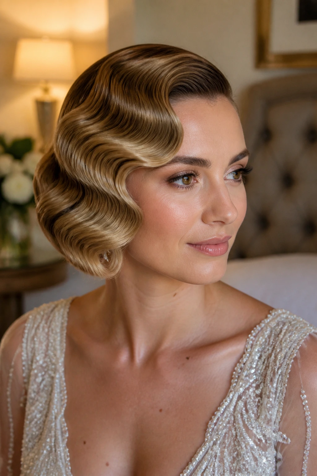 Close-up of a bride with Marcel waves, vintage bridal hairstyle