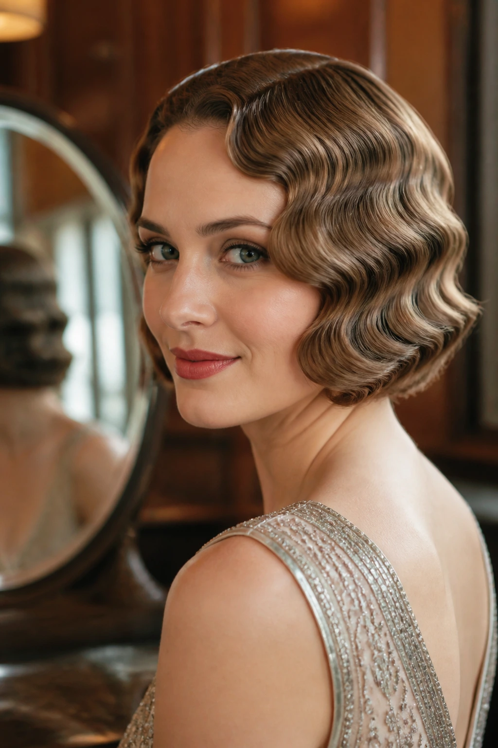 Close-up of a real woman with soft Marcel waves on chin-length hair