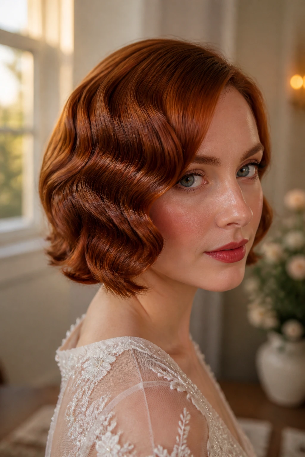 Close-up of a real woman's chin-length red hair styled in Marcel waves catching light