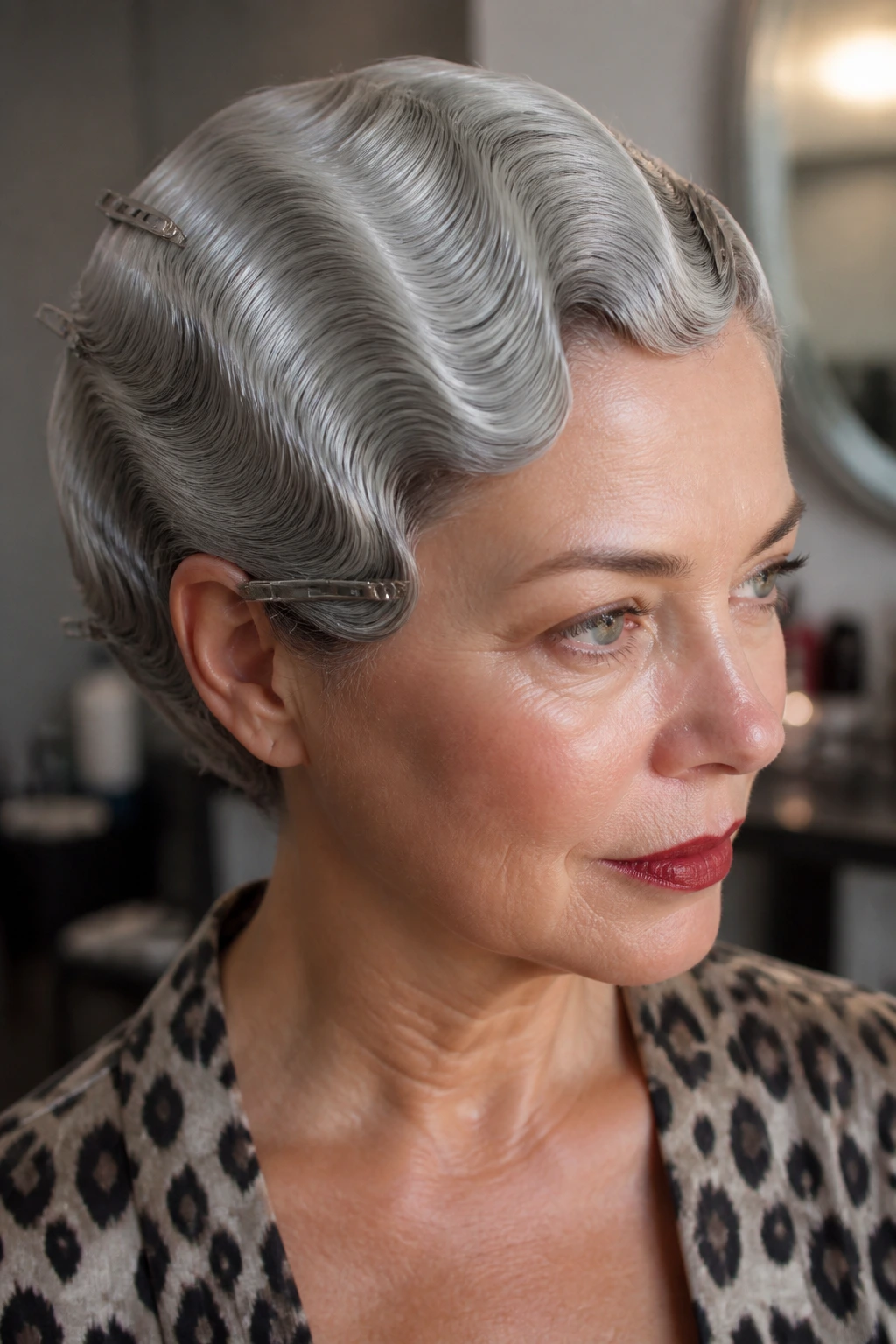 Real woman with sculpted Marcel waves, hair close to the head and defined ridges.