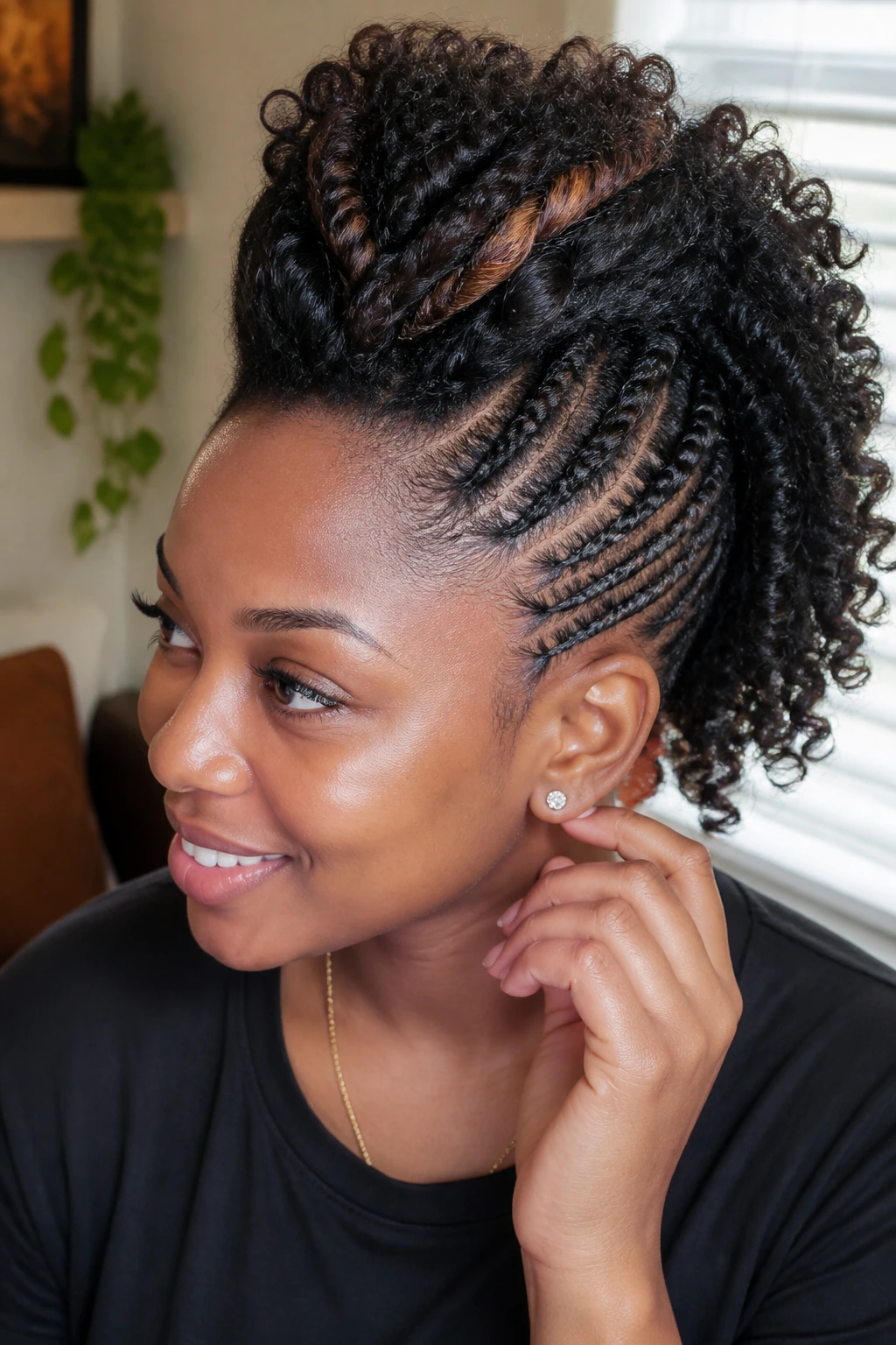 Close-up of Marley-hair accent mohawk on a real person in a home setting