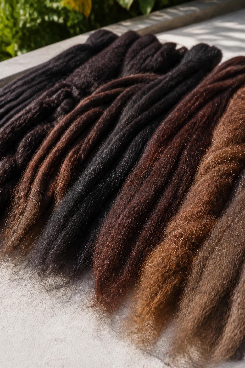 Close-up of Marley hair bundles showing texture and length variations