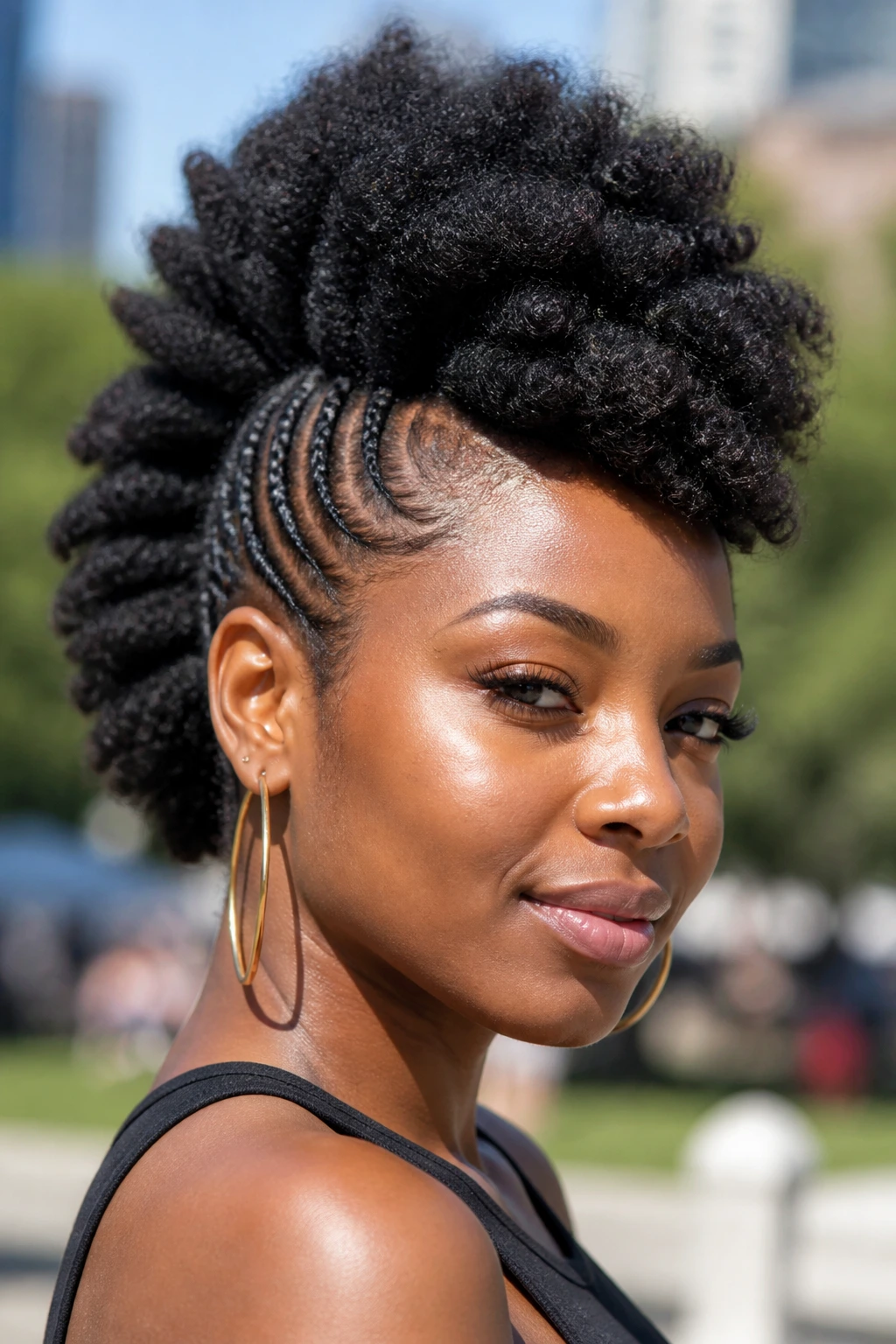 Close-up portrait of a real Black woman with Marley hair frohawk in outdoor sunlight