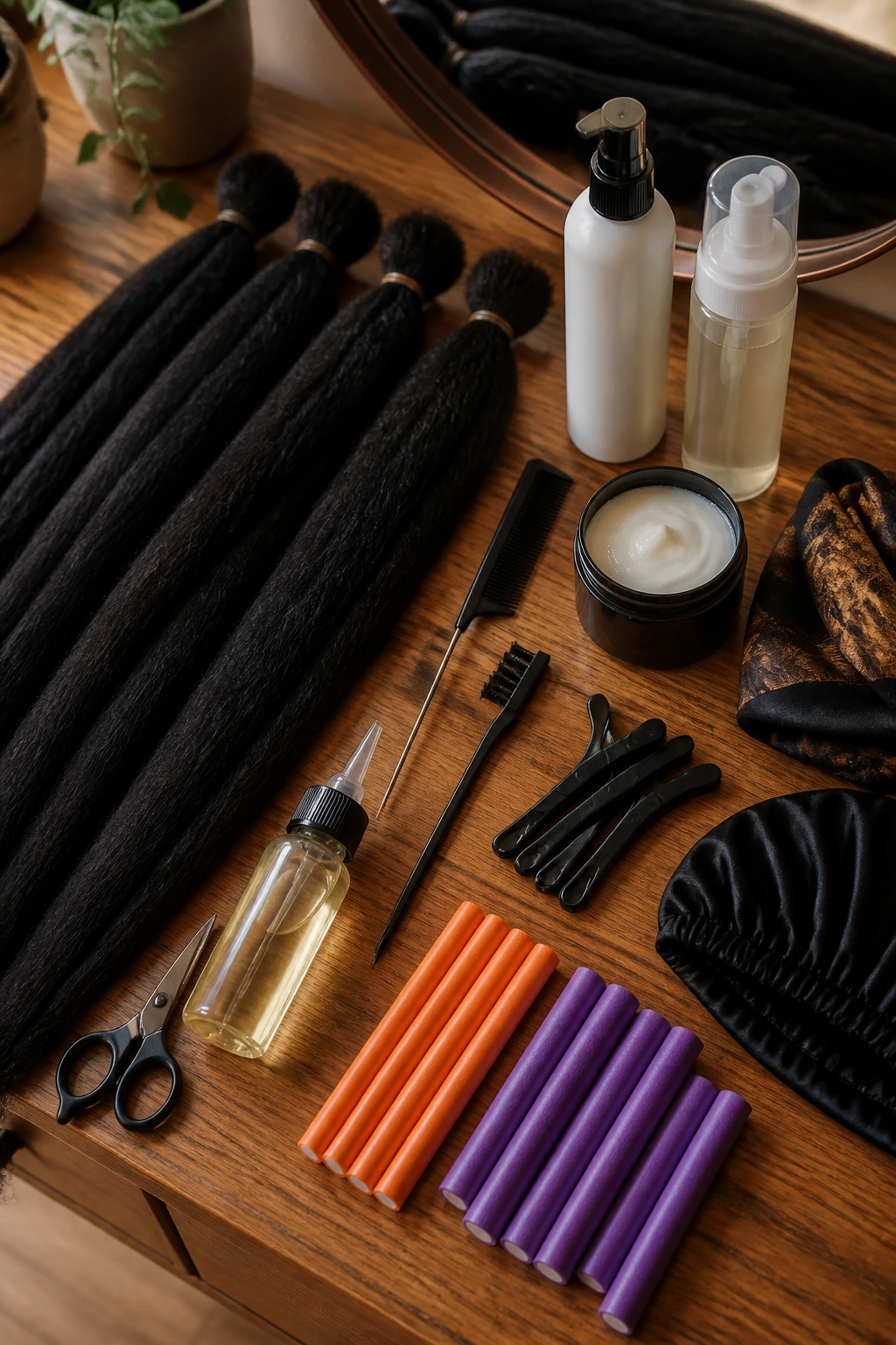 Flat lay of Marley hair and installing tools on a vanity