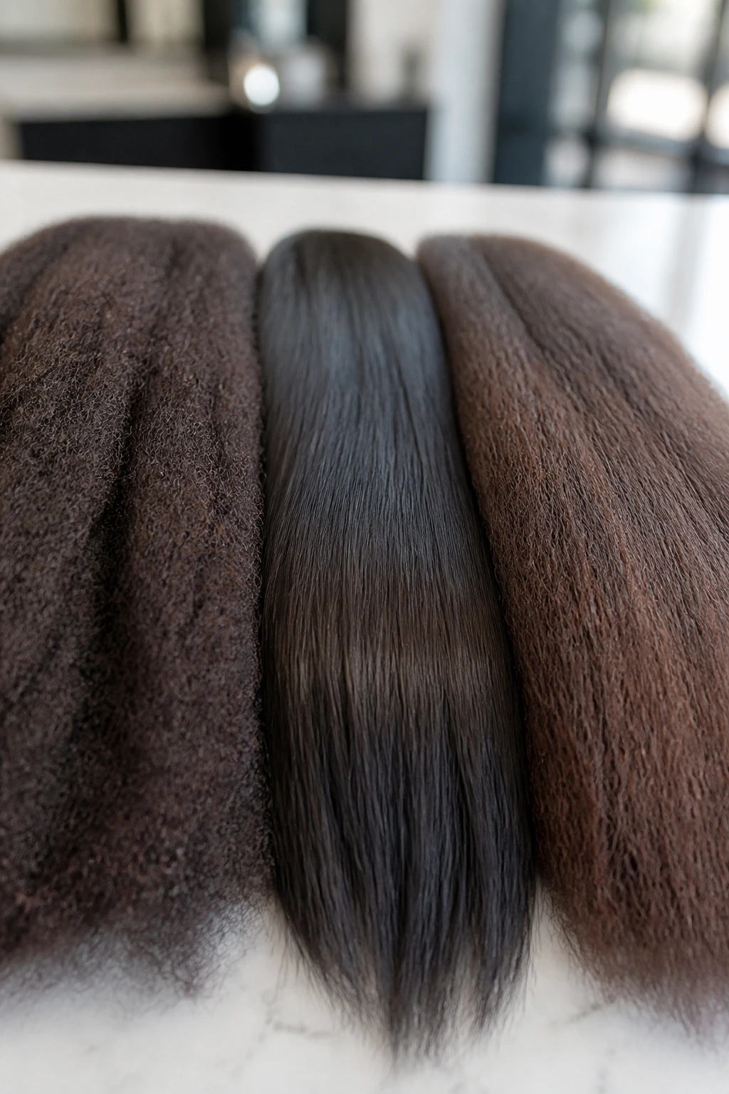 Close-up of Marley, Kanekalon, and pre-stretched synthetic hair textures for faux locs.