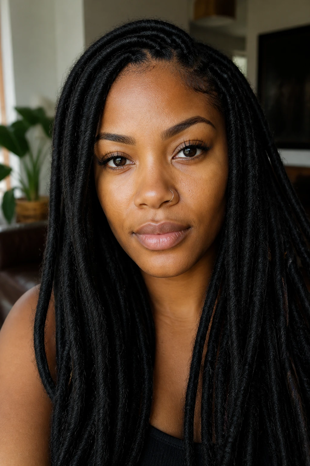 Close-up of a woman with Marley texture faux locs and matte finish