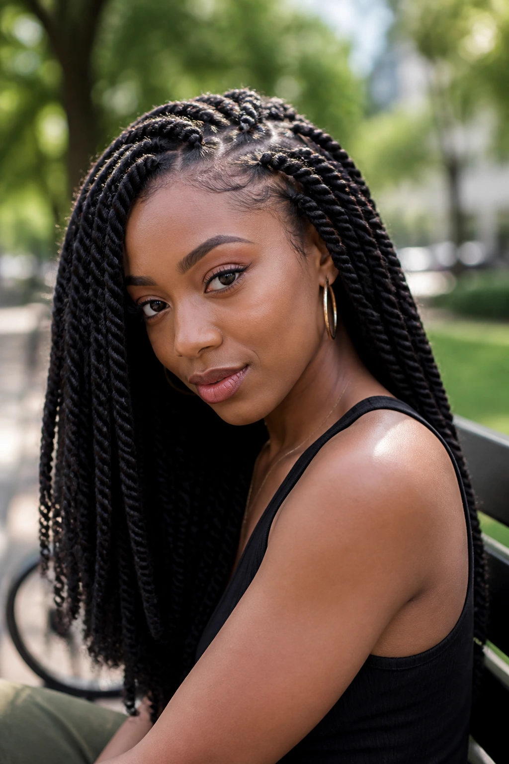 Close-up portrait of a real woman with Marley twist crochet and clean edges.