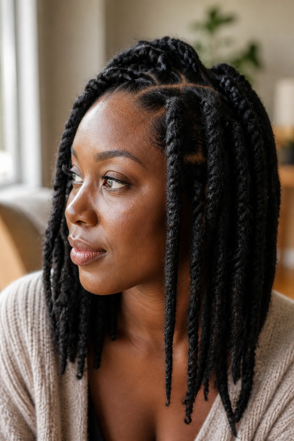 Close-up of Marley twists on a Black woman's head in a cozy natural-light setting