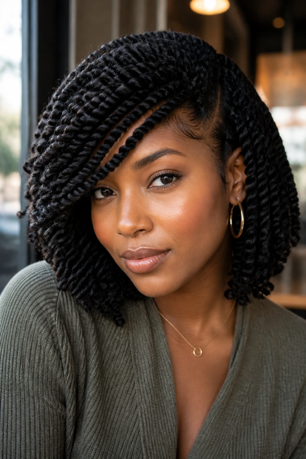 Close-up portrait of a woman with a deep side-swept Marley Twist Bob.