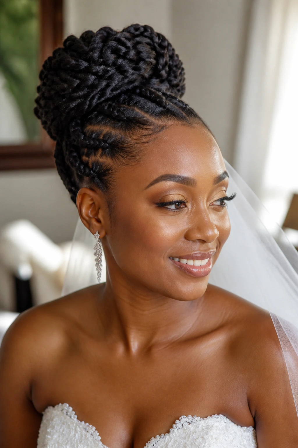 Close-up of a real bride with Marley twist updo in a bridal dressing room