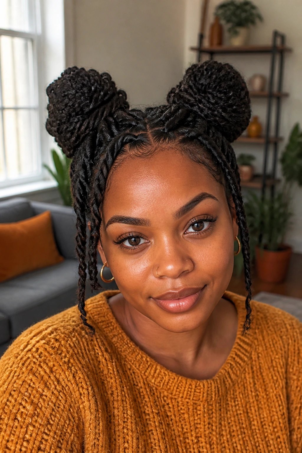 Close-up portrait of Marley Twists in Double Space Buns on a real person with warm living-room light.