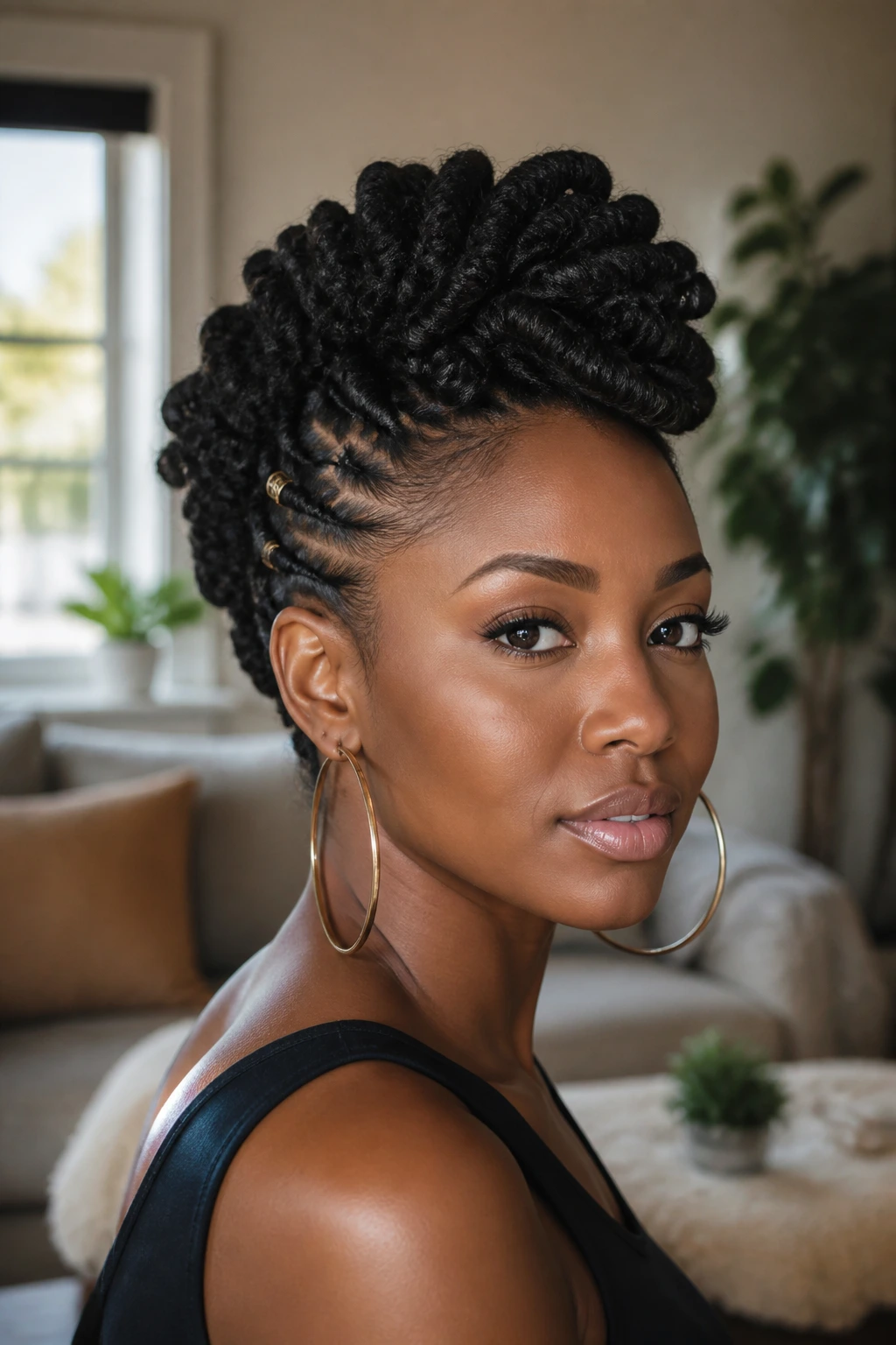 Real person with Marley twists styled into a matte-finish faux hawk in a softly lit living room