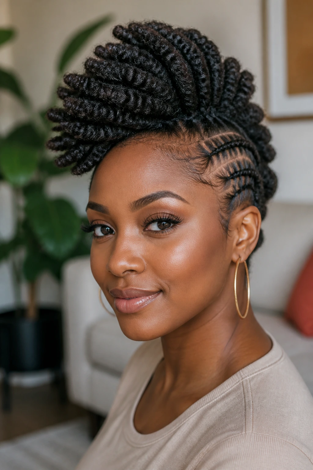 Close-up of a woman with Marley twist faux hawk in a staggered ridge