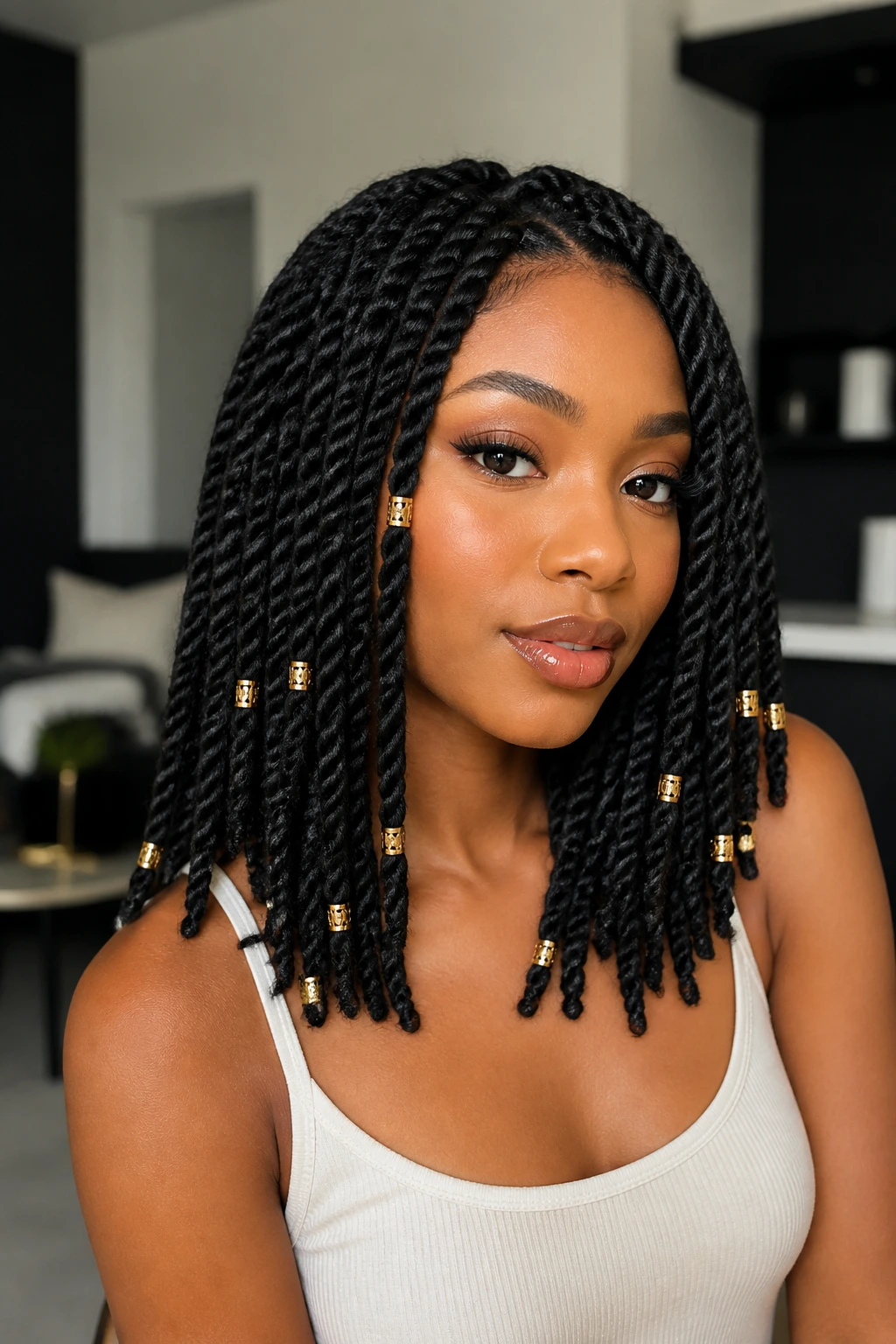 Close-up portrait of Marley Twists with gold cuffs on a real person in a soft-lit interior.