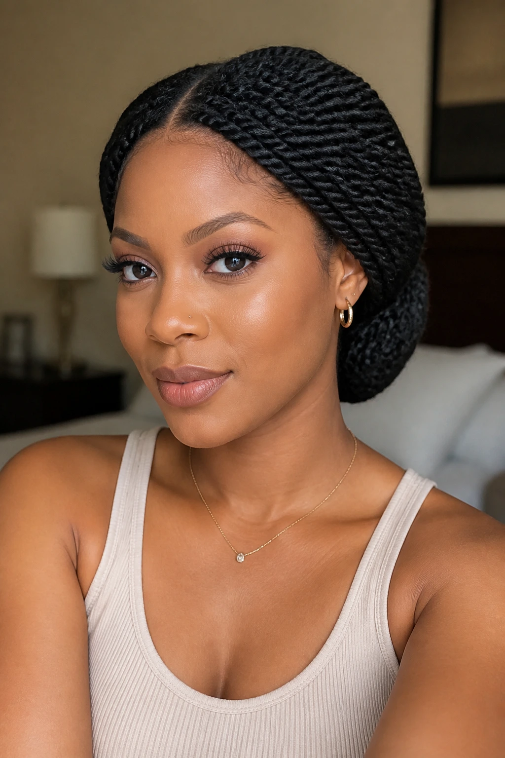 Portrait of a woman with Marley twists in a low bun looking relaxed