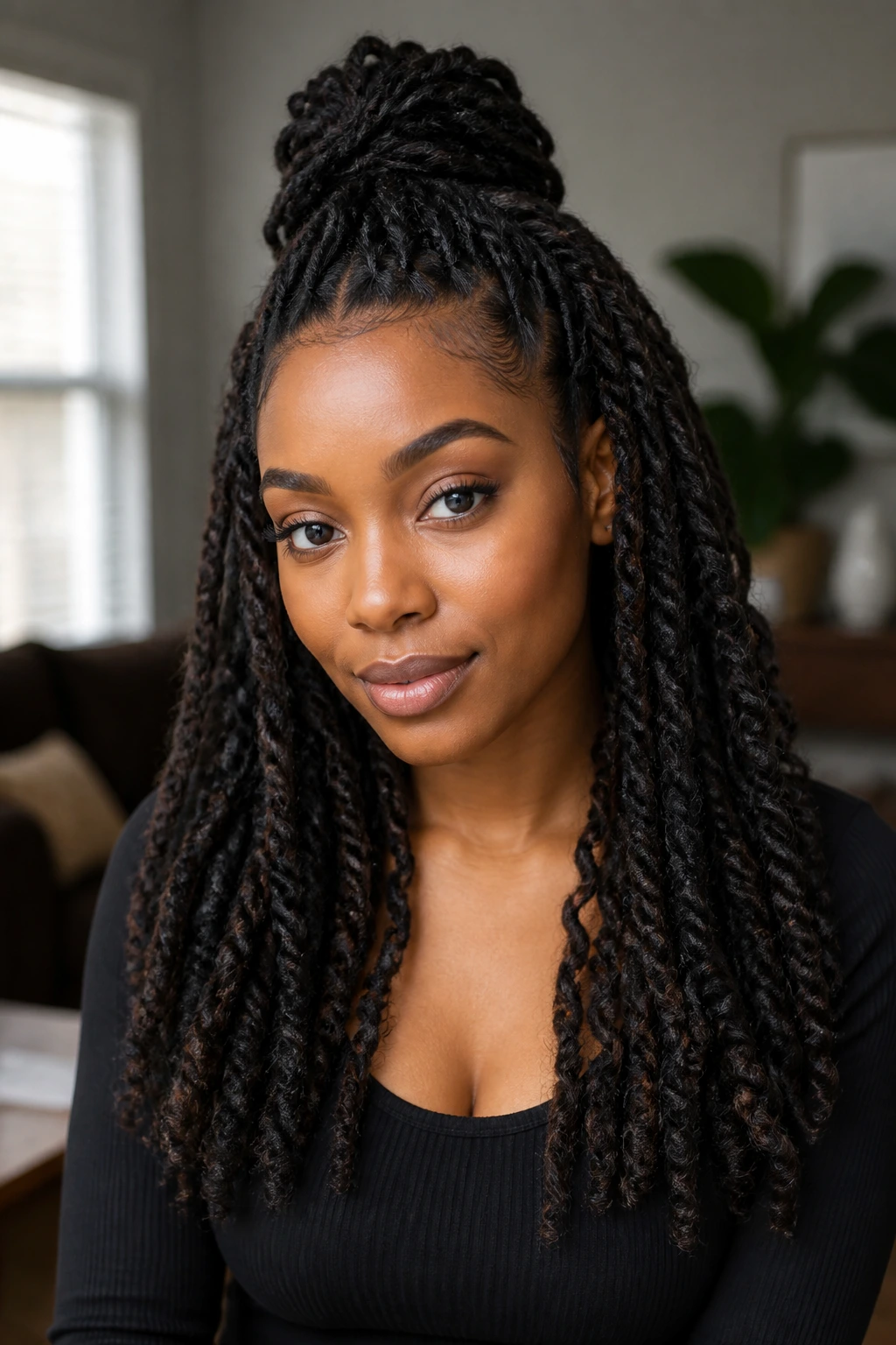 Close-up portrait of a real Black woman with half-up Marley twists.