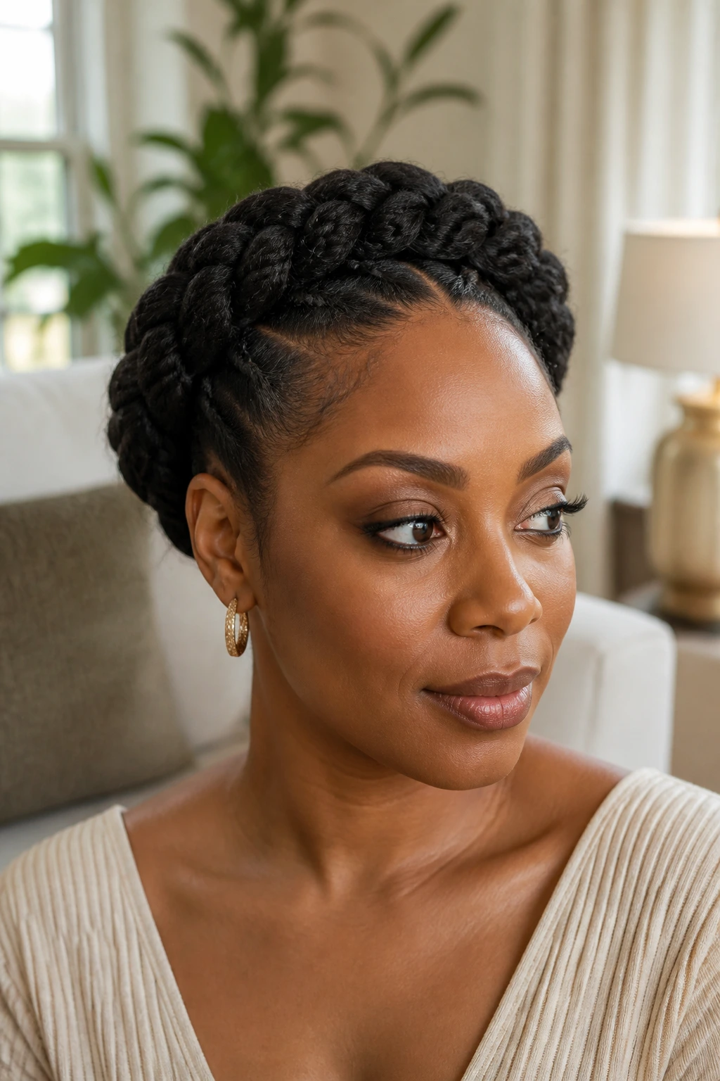 Close-up portrait of Halo Crown Marley Twists with circular crown on a real person in a soft-lit room.