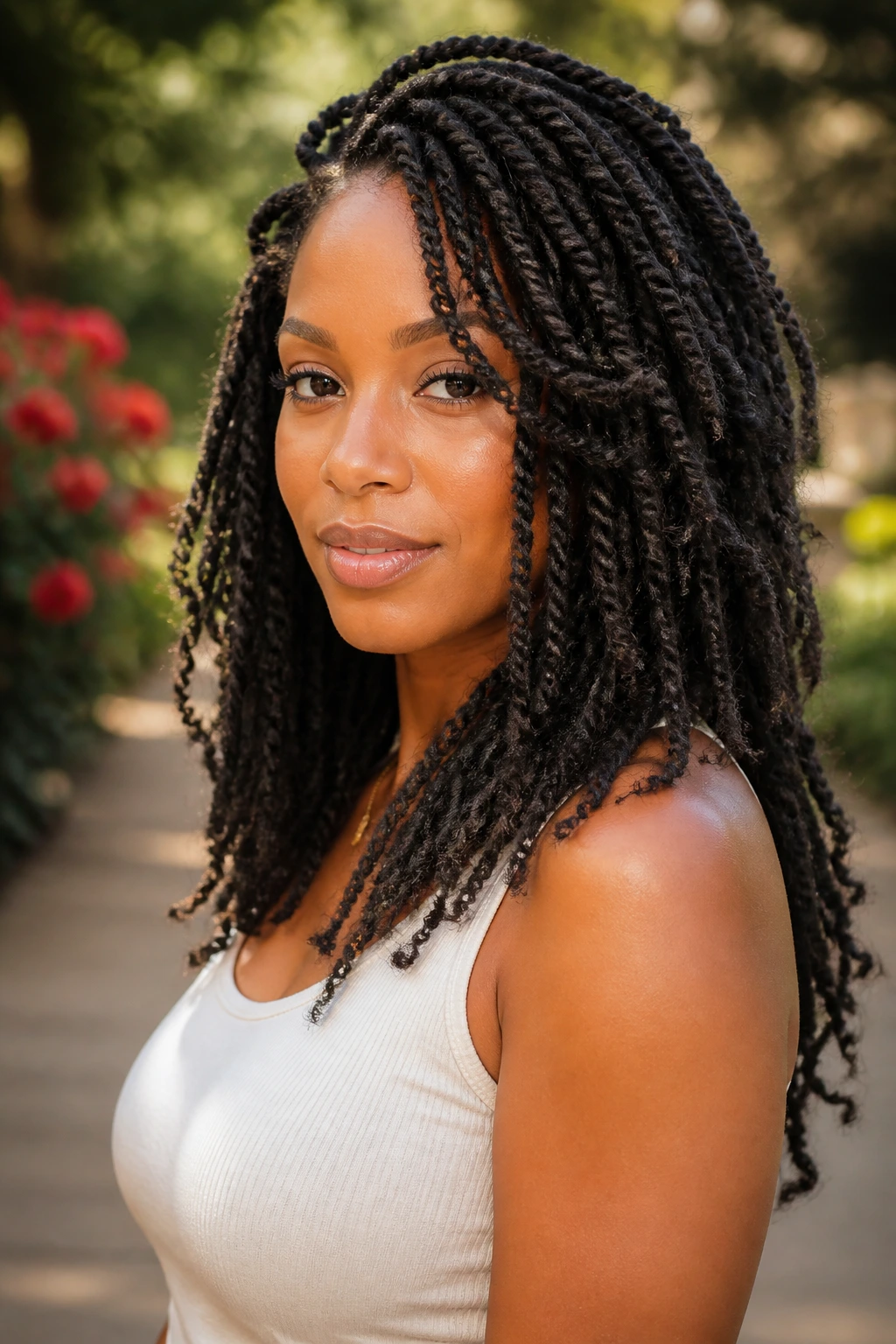 Close-up portrait of Layered Marley Twists with varied lengths on a real person outdoors.