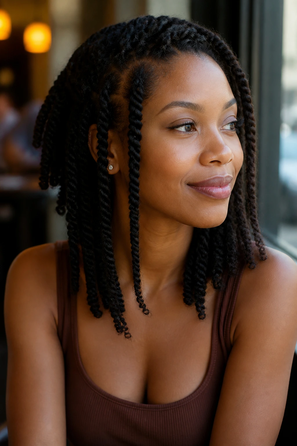 Portrait of a woman with long front Marley twists and a short back.