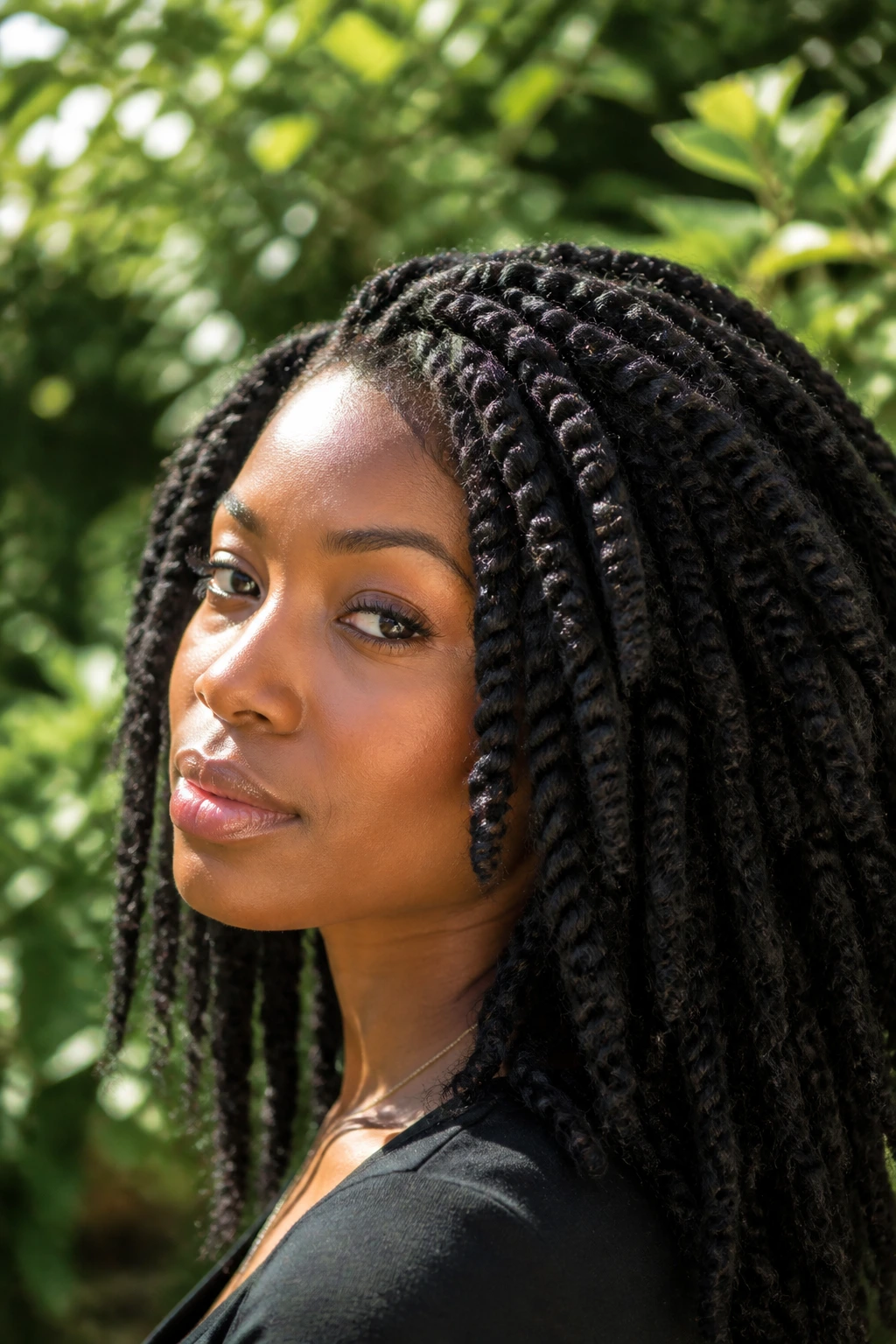 Close-up portrait of a person with matte Marley twists in a sunlit garden
