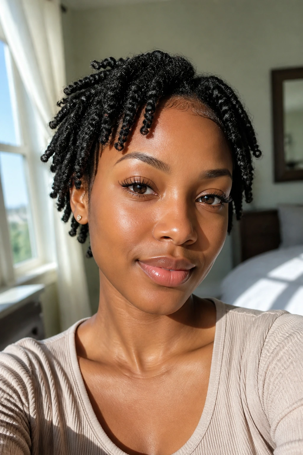 Close-up portrait of Pixie-Length Marley Twists on a real person in natural window light.