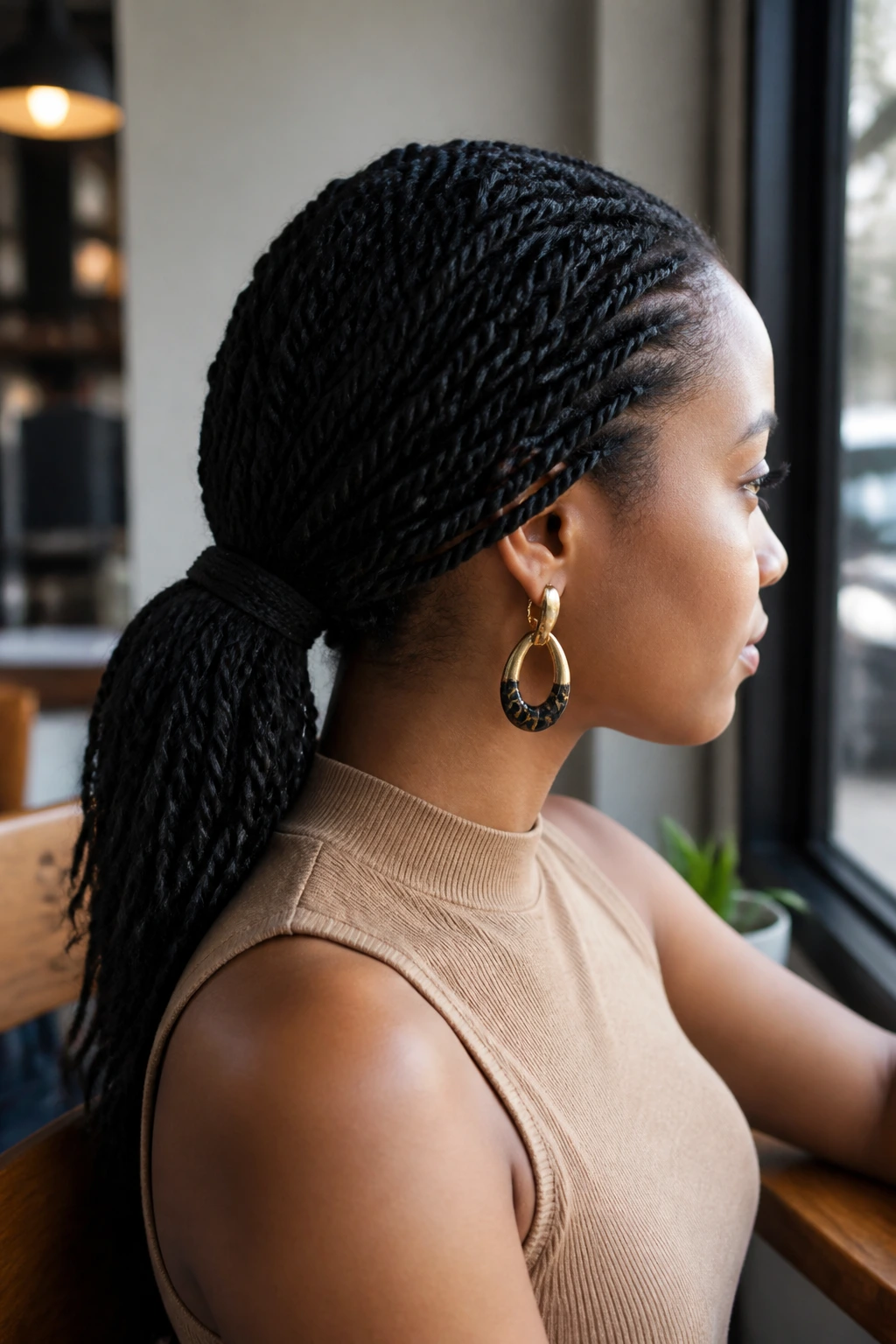 Medium close-up of Low Braided Ponytail Marley Twists on a real person in a cafe setting.