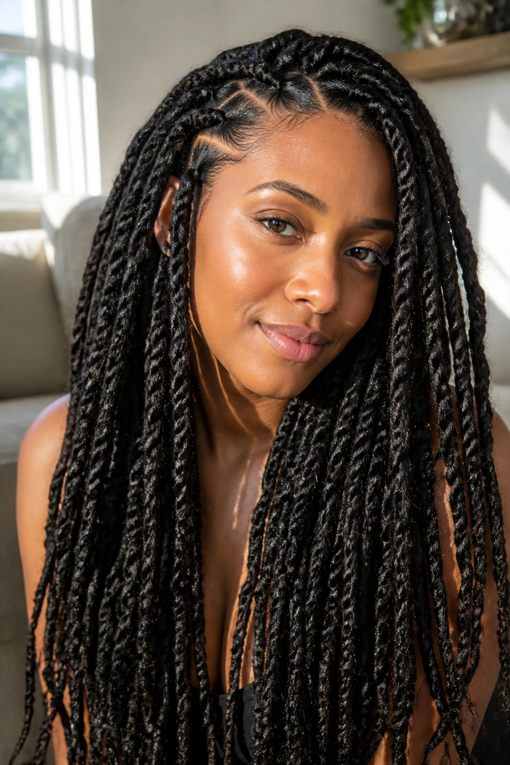 Close-up portrait of a woman with long Marley twists filling the frame