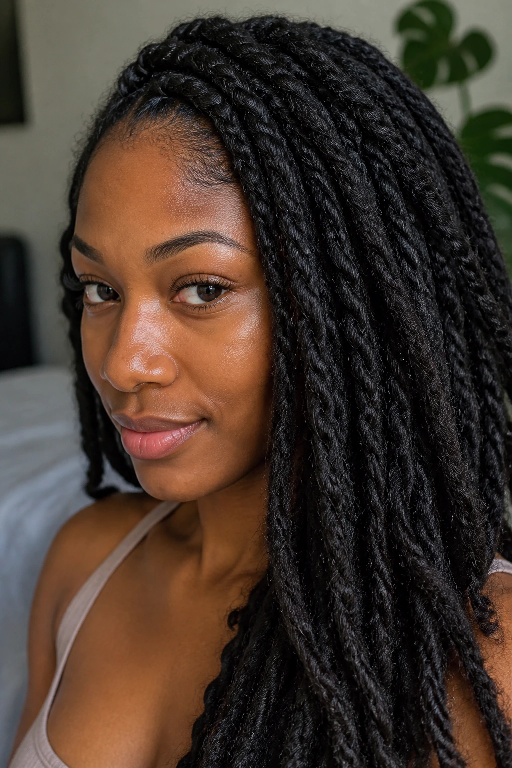Close-up of a real woman wearing Marley twists filling the frame