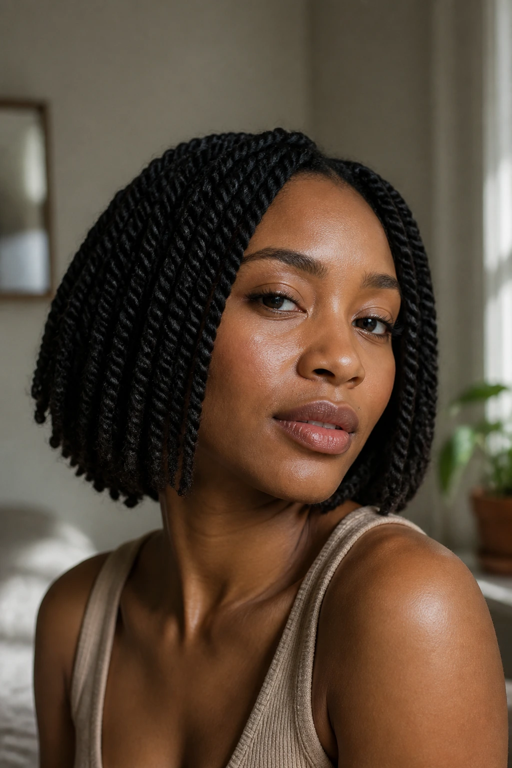 Close-up of a real person with chin-length Marley twists bob showing defined shape.
