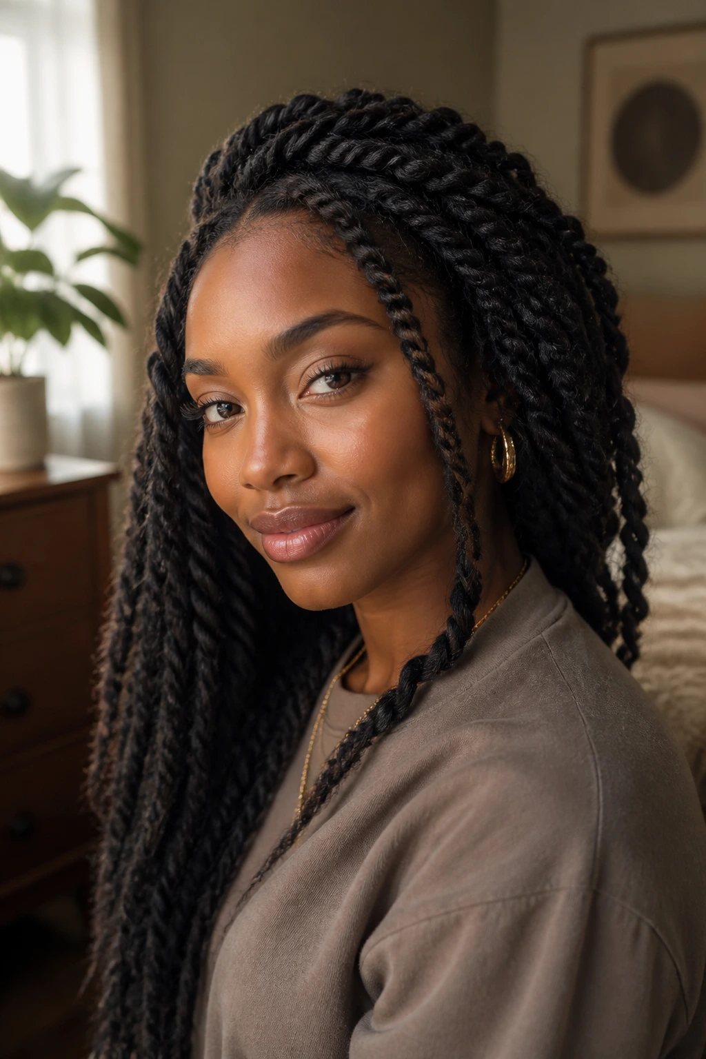 Close-up of textured Marley twists on a real person with matte finish