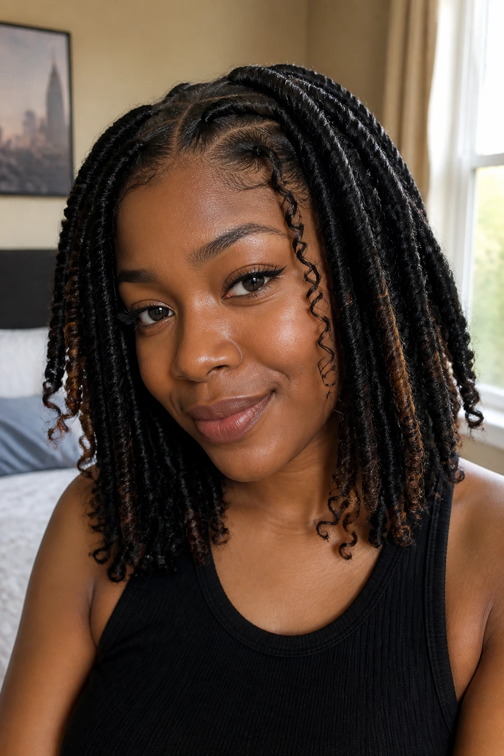 Close-up of a real woman with shoulder-length Marley twists in a cozy bedroom, showing variations in style and color.