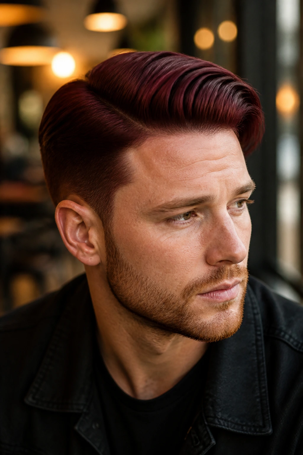 Close-up of a real man with a maroon comb over hairstyle