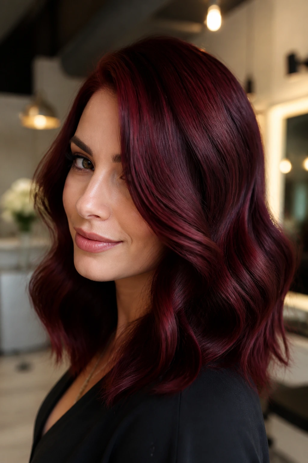 Real woman with maroon glam waves on medium-length hair